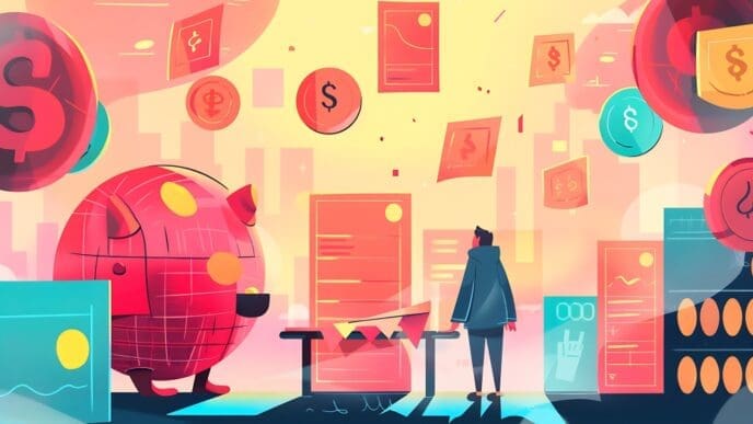 A digital illustration of a man standing amidst financial documents, floating coins, and a large piggy bank, all in red, pink, and teal hues, symbolizing the fintech market.
