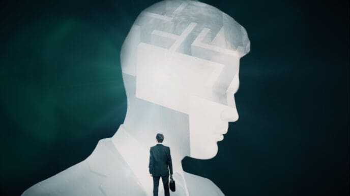 A silhouette of a businessman walking into a large, transparent head that contains a labyrinth, symbolizing complex thought and risk.