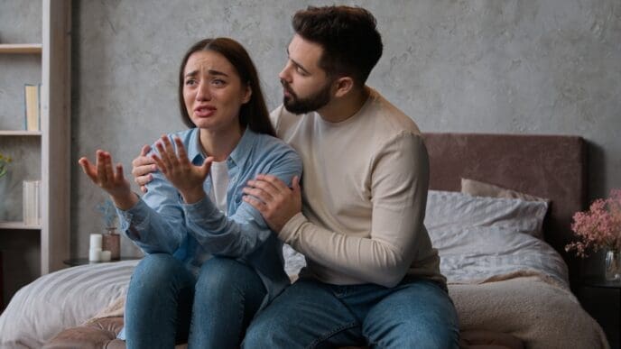 A man comforting his distressed wife, who is crying and gesturing, possibly after a conflict, in a bedroom setting.