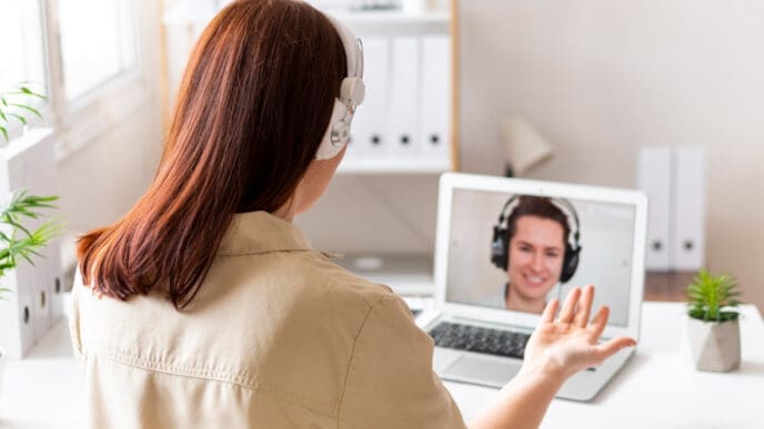 A woman seen from behind, wearing white headphones, engaged in a video call on her laptop with a smiling therapist also wearing headphones, illustrating an online therapy session.