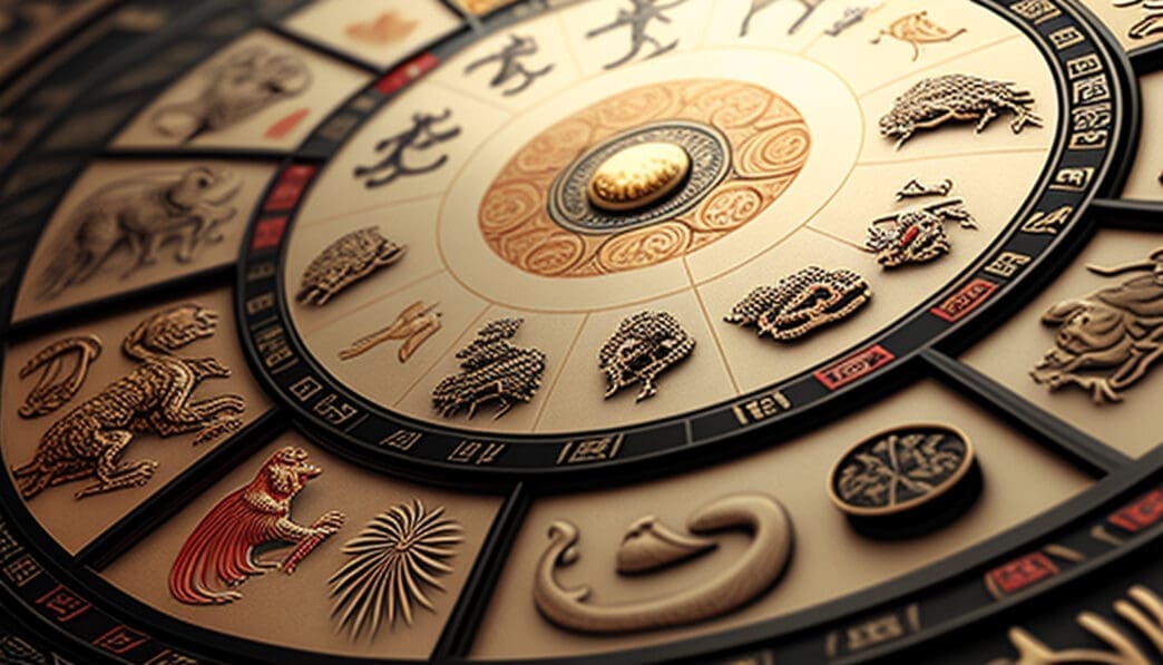 A detailed 3D rendering of a golden Chinese zodiac wheel, showing all twelve animal signs intricately sculpted, against a dark, blurred background.