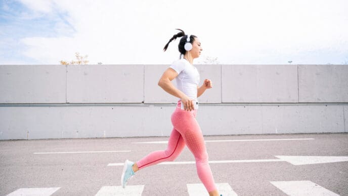A woman in activewear and headphones running across a crosswalk outdoors, illustrating physical activity.
