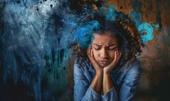 A young person with curly hair, hands on face and eyes closed, surrounded by abstract blue and black paint splashes, symbolizing mental distress.