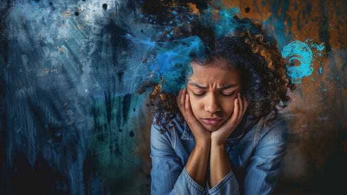 A young person with curly hair, hands on face and eyes closed, surrounded by abstract blue and black paint splashes, symbolizing mental distress.