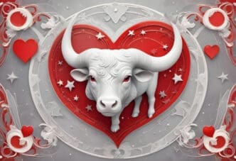 A white ox with red eyes centered in a large red heart, surrounded by a grey ornate border with smaller hearts and stars.
