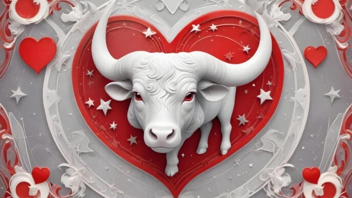A white ox with red eyes centered in a large red heart, surrounded by a grey ornate border with smaller hearts and stars.