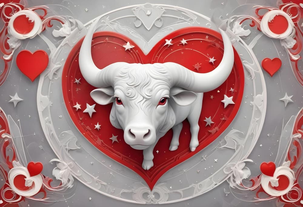 A white ox with red eyes centered in a large red heart, surrounded by a grey ornate border with smaller hearts and stars.