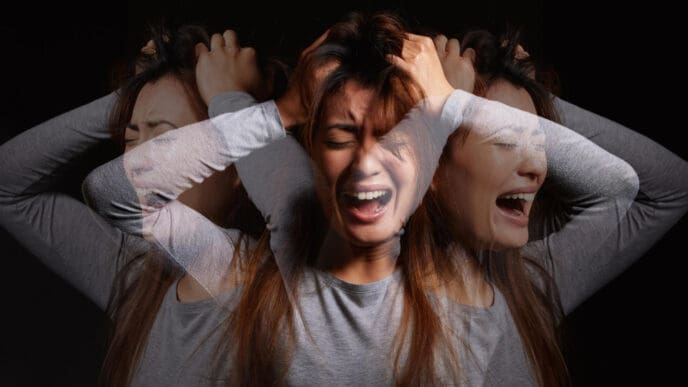 A composite photograph of a young woman experiencing extreme distress, with multiple translucent layers of her face screaming and pulling at her hair, symbolizing a panic attack or overwhelming anxiety against a dark background.