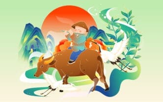 A colorful illustration of a child playing a flute while riding an ox, with a sunrise, mountains, and cranes in a traditional East Asian landscape.
