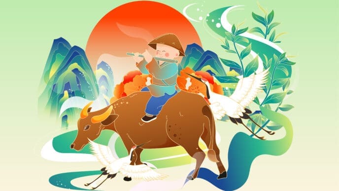 A colorful illustration of a child playing a flute while riding an ox, with a sunrise, mountains, and cranes in a traditional East Asian landscape.