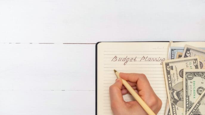 A person's hand writes "Budget Planning" in a notebook, with U.S. dollar banknotes tucked inside, all placed on a white wooden surface.
