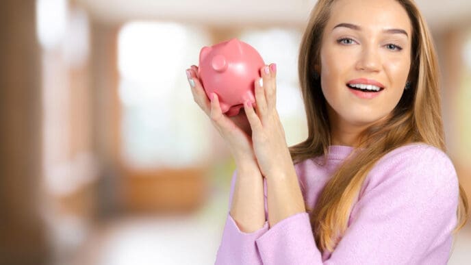A happy young woman with long blonde hair, holding up a pink piggy bank with both hands, smiling widely at the camera, symbolizing personal finance and saving money.