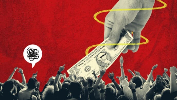 An illustration of a large grayscale hand holding a dollar bill above a crowd with their hands raised, set against a red background.