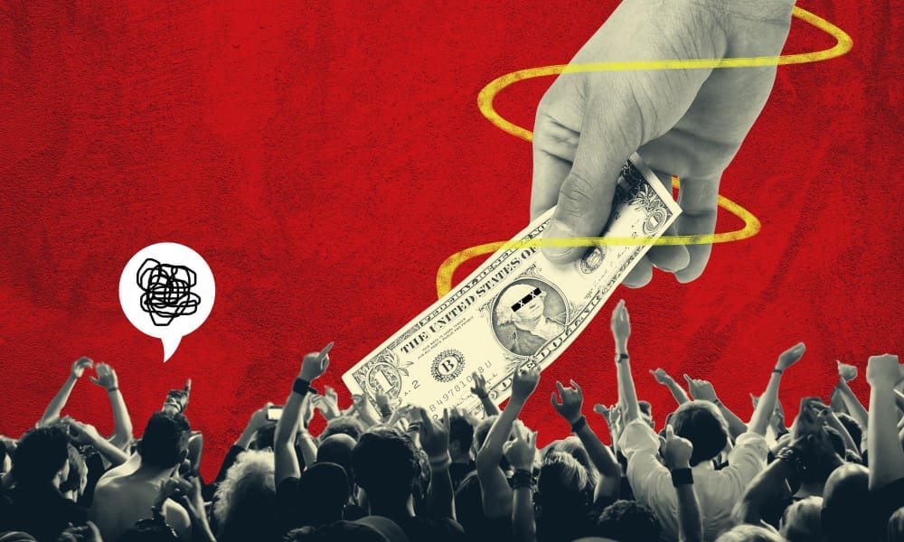 An illustration of a large grayscale hand holding a dollar bill above a crowd with their hands raised, set against a red background.