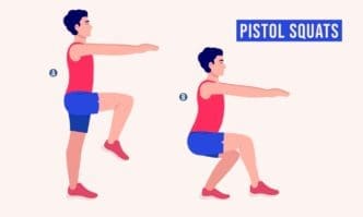 Illustration showing the two steps of a pistol squat exercise: starting position with one leg raised (A) and the squatting position (B).
