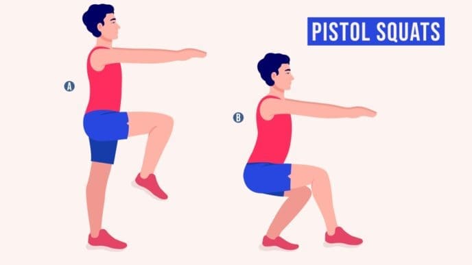 Illustration showing the two steps of a pistol squat exercise: starting position with one leg raised (A) and the squatting position (B).