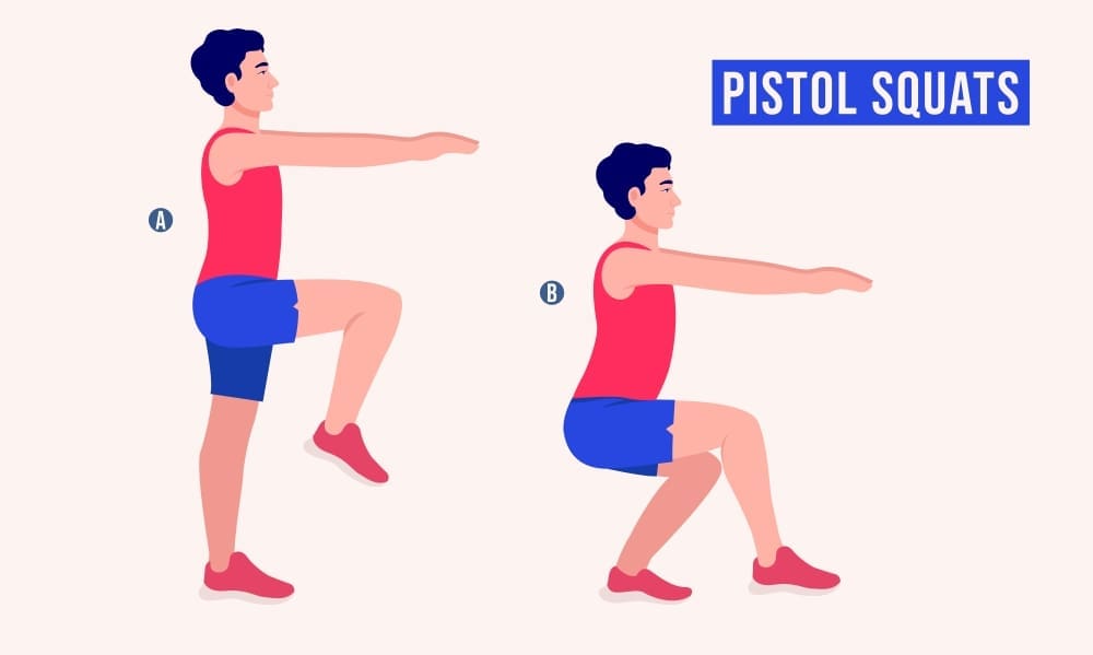 Illustration showing the two steps of a pistol squat exercise: starting position with one leg raised (A) and the squatting position (B).