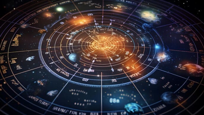 An intricate, glowing astrological chart with concentric circles, planetary symbols, and text, overlaid on a cosmic background with planets and stars, symbolizing the complex relationships in Vedic astrology.
