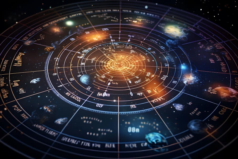 An intricate, glowing astrological chart with concentric circles, planetary symbols, and text, overlaid on a cosmic background with planets and stars, symbolizing the complex relationships in Vedic astrology.