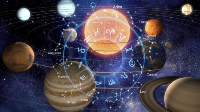 A 3D illustration of the solar system with planets orbiting a central sun, overlaid with zodiac signs and constellations.