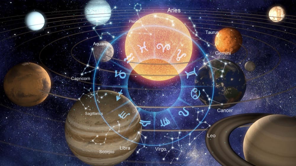 A 3D illustration of the solar system with planets orbiting a central sun, overlaid with zodiac signs and constellations.