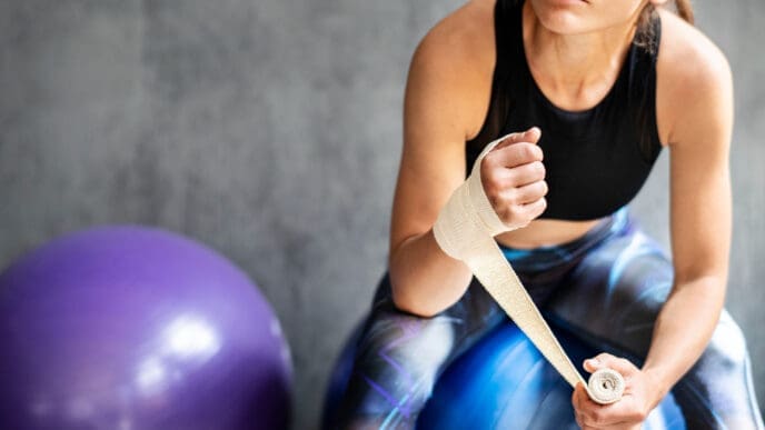 A woman in activewear wrapping her hand with athletic tape while sitting on a yoga ball in a gym.