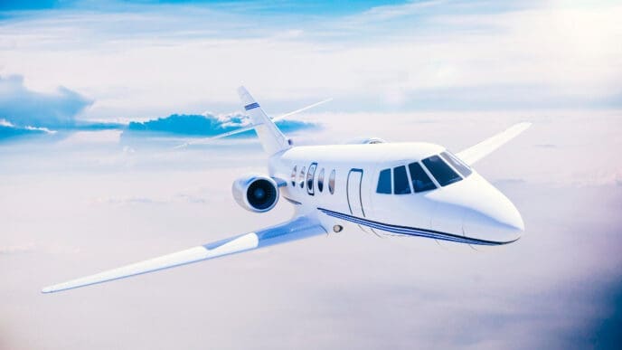 A sleek white private jet flying through a clear blue sky with scattered clouds, symbolizing luxury travel.