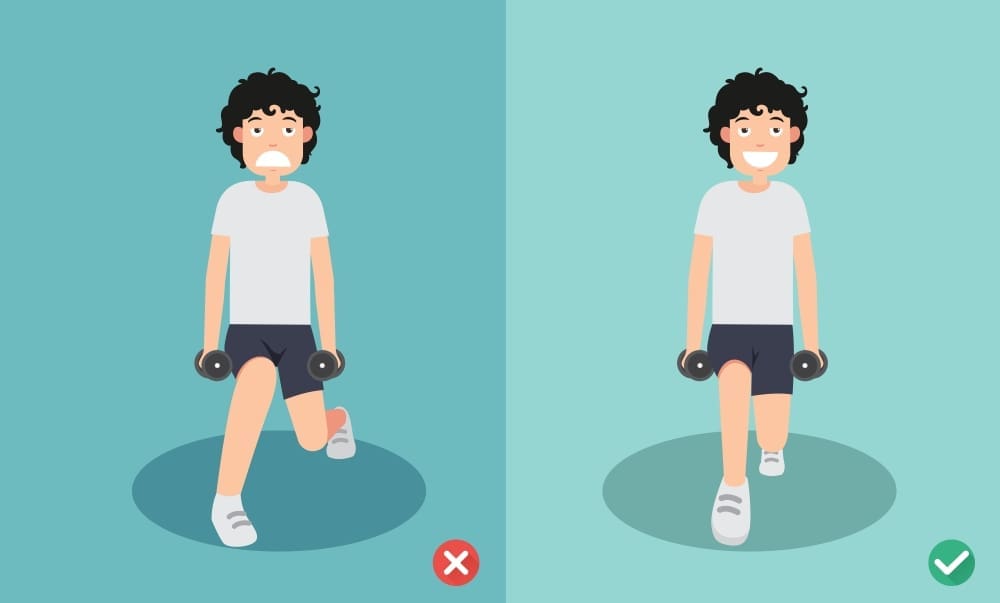 Illustration showing incorrect and correct lunge form while holding dumbbells.