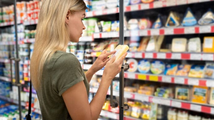 A young woman with long blonde hair, standing in a supermarket aisle and intently reading the nutrition label on a packaged food item she is holding.
