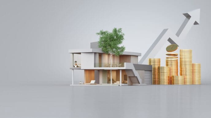 A 3D render of a modern house with a tree, next to growing stacks of gold coins and an upward-pointing arrow, all on a grey background.