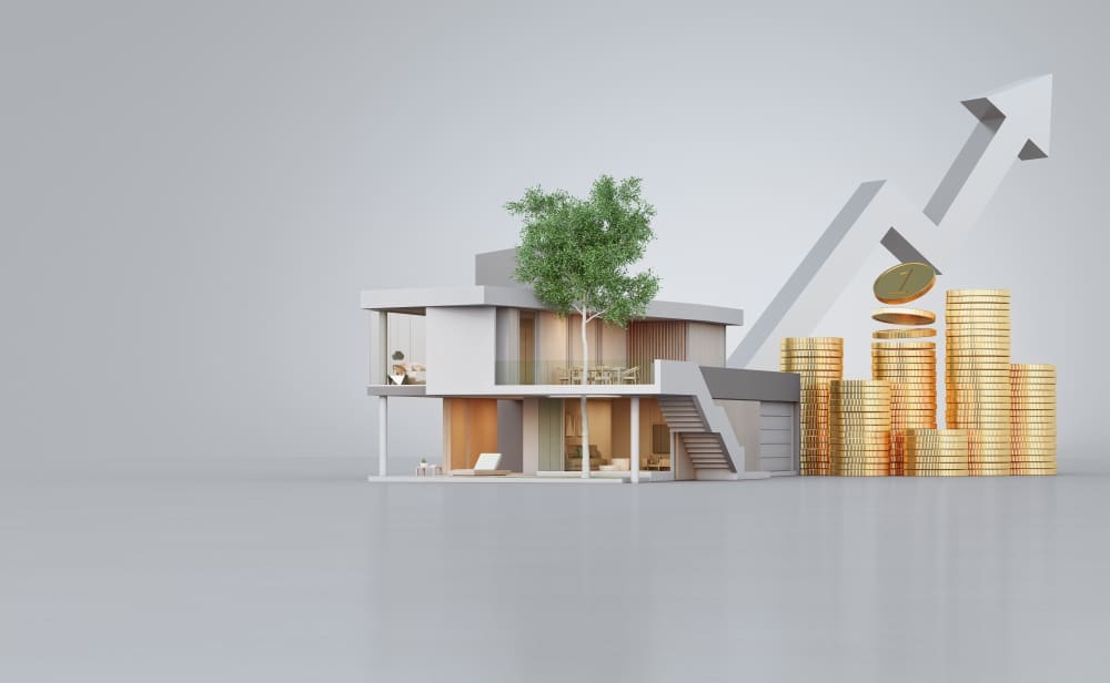 A 3D render of a modern house with a tree, next to growing stacks of gold coins and an upward-pointing arrow, all on a grey background.