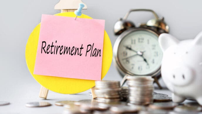 A pink sticky note with "Retirement Plan" written on it, pinned to a yellow circular easel, with a blurred piggy bank, stacks of coins, and an alarm clock in the background, symbolizing financial planning.