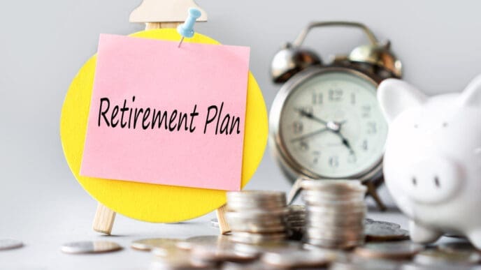 A pink sticky note with "Retirement Plan" written on it, pinned to a yellow circular easel, with a blurred piggy bank, stacks of coins, and an alarm clock in the background, symbolizing financial planning.