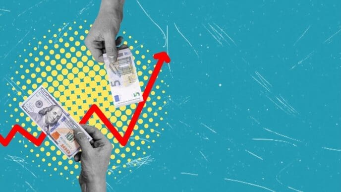 Art collage showing hands holding dollar and euro bills over an upward-pointing red arrow and a dotted circle.