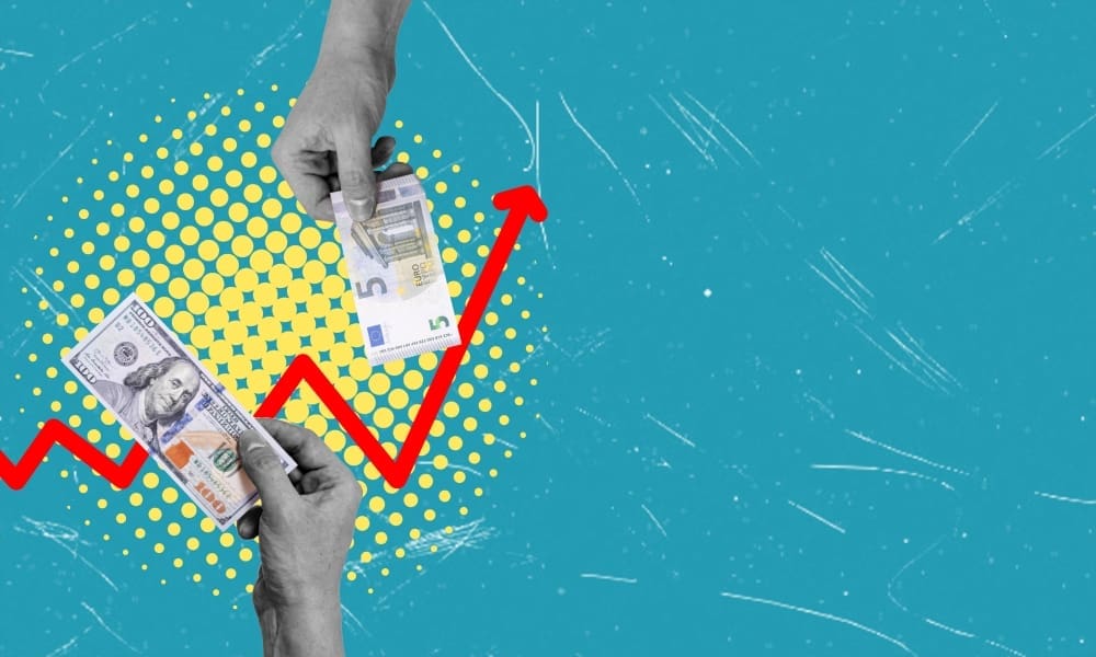 Art collage showing hands holding dollar and euro bills over an upward-pointing red arrow and a dotted circle.