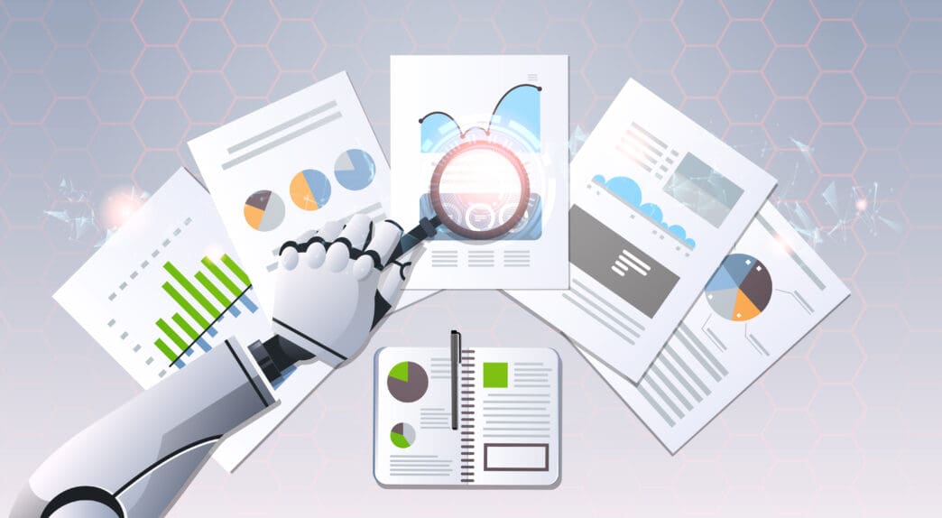 A robot arm holding a magnifying glass over various financial charts and documents, symbolizing automated data analysis for investment.