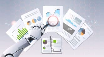 A robot arm holding a magnifying glass over various financial charts and documents, symbolizing automated data analysis for investment.