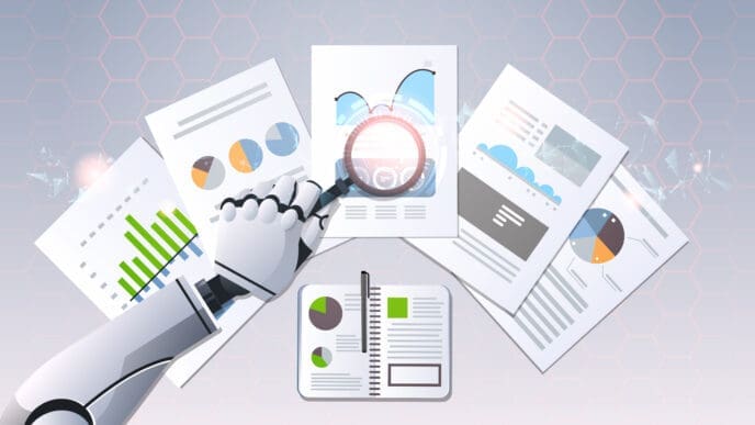 A robot arm holding a magnifying glass over various financial charts and documents, symbolizing automated data analysis for investment.