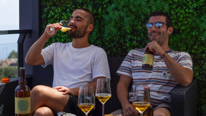 Two smiling men enjoy drinks on a rooftop bar with a green wall. One sips from a wine glass, and the other holds a beer bottle, with bottles, glasses, and snacks on the table, and a blurred scenic background.