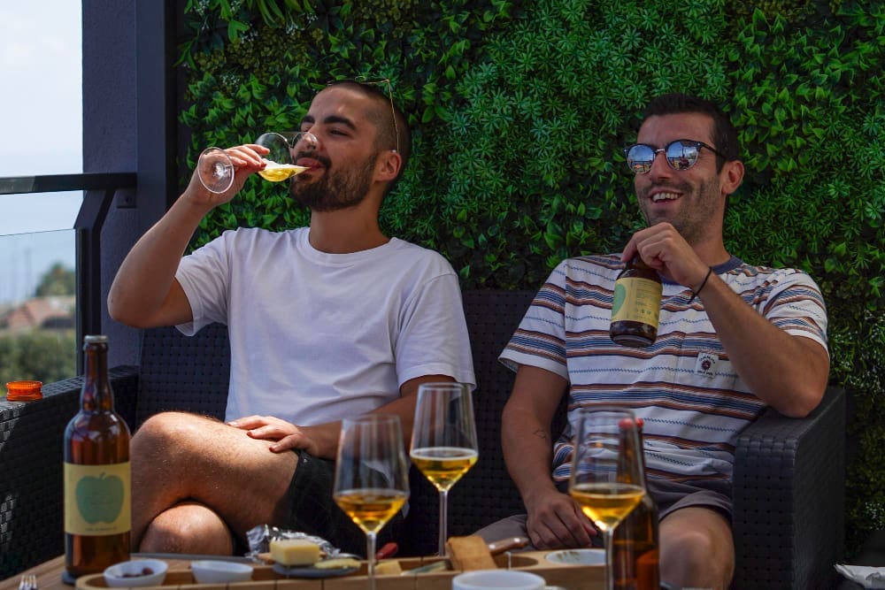 Two smiling men enjoy drinks on a rooftop bar with a green wall. One sips from a wine glass, and the other holds a beer bottle, with bottles, glasses, and snacks on the table, and a blurred scenic background.