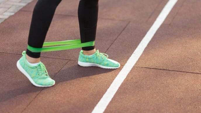 A close-up of a person's legs and feet wearing black leggings and green athletic shoes, with a green resistance band looped around their ankles, performing an exercise on a running track.