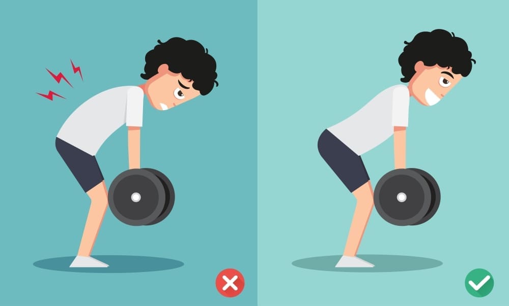 Illustration showing incorrect and correct deadlift form to prevent back injury.