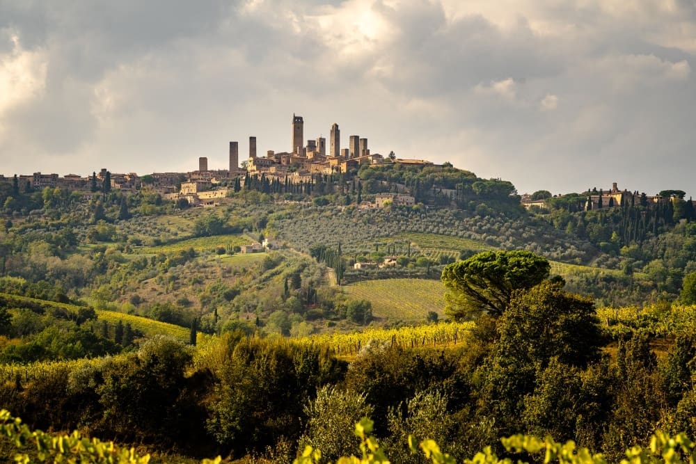 A panoramic view of San Gimignano, a medieval hilltop town in Tuscany, Italy, featuring its iconic tall towers surrounded by rolling green hills, vineyards, and olive groves under a cloudy sky.