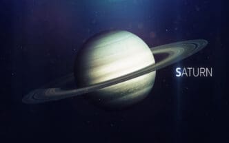 A high-quality digital illustration of the planet Saturn with its prominent rings, set against a dark, starry cosmic background with subtle light effects, and the word "SATURN" in white text beside it.