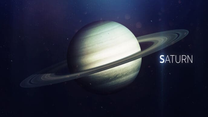 A high-quality digital illustration of the planet Saturn with its prominent rings, set against a dark, starry cosmic background with subtle light effects, and the word "SATURN" in white text beside it.