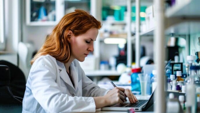 A focused female scientist with red hair, wearing a white lab coat, works intently on a laptop and writes notes at a cluttered laboratory bench, surrounded by scientific equipment and glassware.