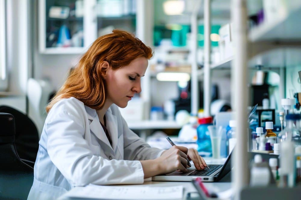 A focused female scientist with red hair, wearing a white lab coat, works intently on a laptop and writes notes at a cluttered laboratory bench, surrounded by scientific equipment and glassware.