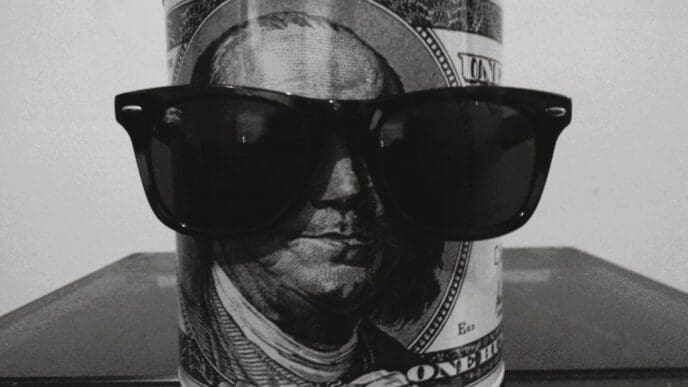 A black and white image of a cylindrical coin bank with a depiction of Benjamin Franklin from a hundred-dollar bill, wearing dark sunglasses, standing on a dark surface.