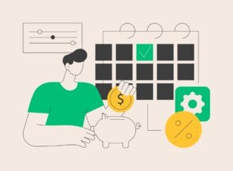 Illustration of a man putting a coin into a piggy bank, with a calendar, settings, and financial icons.