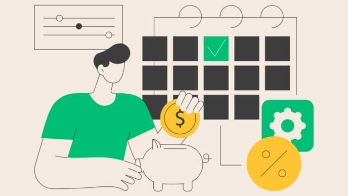 Illustration of a man putting a coin into a piggy bank, with a calendar, settings, and financial icons.